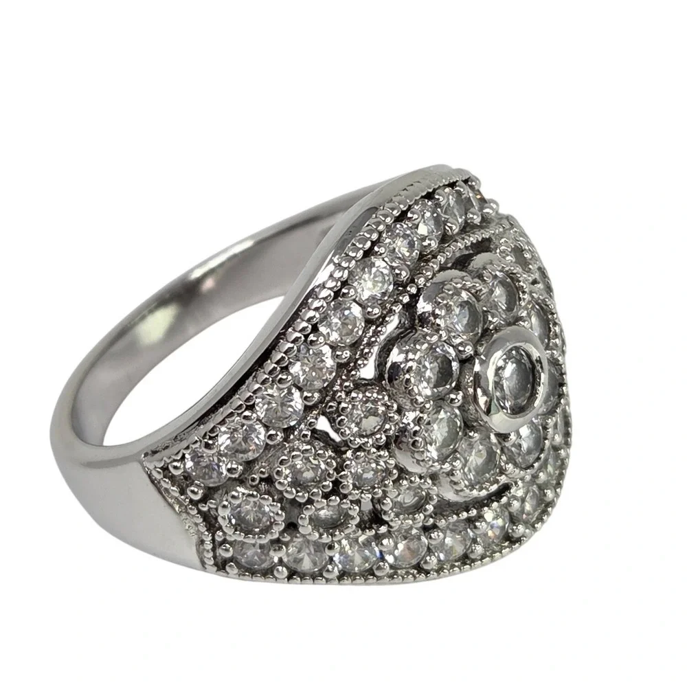 Vintage Sterling Silver Rhodium CZ Flower Dome Cocktail Statement Ring Size‎ 8
